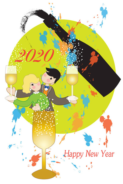 Ilustración irónica para desear Feliz Año Nuevo con silueta negra de botella, vino y pareja de amantes
 - Vector, imagen