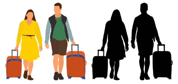 Люди с чемоданами уезжают в отпуск. Молодая пара путешествует. Векторная иллюстрация
 - Вектор,изображение