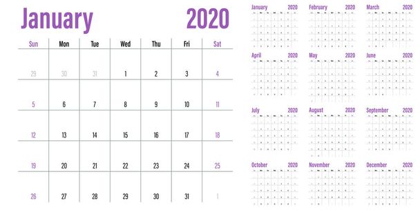 Kalenderplaner 2020 Vorlage Vektor Illustration alle 12 Monate Woche beginnt am Sonntag und zeigt Wochenenden am Samstag und Sonntag - Vektor, Bild