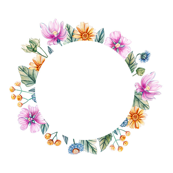 Round frame with watercolor wildflowers. - Фото, зображення