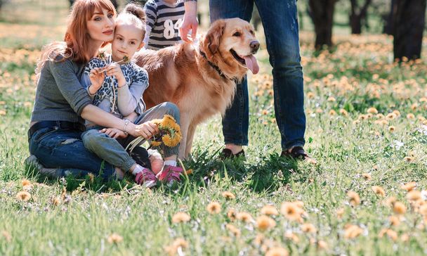 šťastná rodina a jejich mazlíček na trávě v jarním parku . - Fotografie, Obrázek