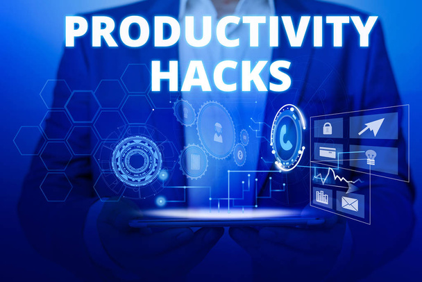 Text sign showing Productivity Hacks. Conceptual photo tricks that you get more done in the same amount of time Male human wear formal work suit presenting presentation using smart device. - Photo, Image