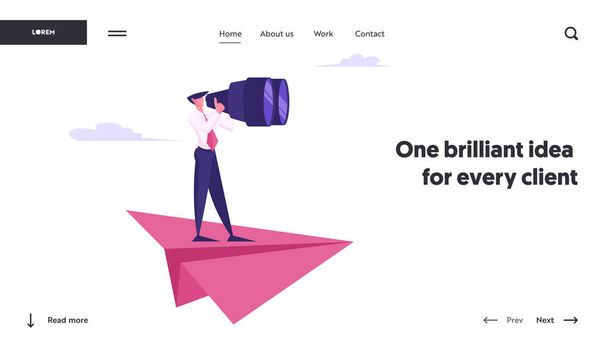Business Man Future Planning Strategy Vision Website Landing Page. Man Stand on Huge Paper Airplane Watching to Binoculars Searching Financial Ideas Web Page Banner. Cartoon Flat Vector Illustration - Vector, Image