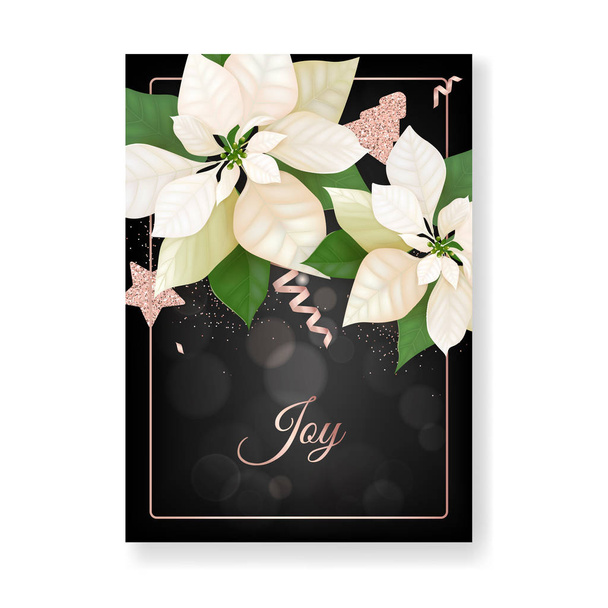 Winter Christmas Flowers Greeting Card. Floral Poinsettia Retro Background, Design Template for Holiday Season Celebration with Rose Gold Glitter Star, New Year brochure in vector - Wektor, obraz