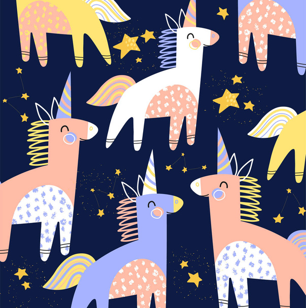 Colorful kids vector pattern of cartoon unicorns with horns and twinkling stars on a midnight blue background in square format - Вектор, зображення