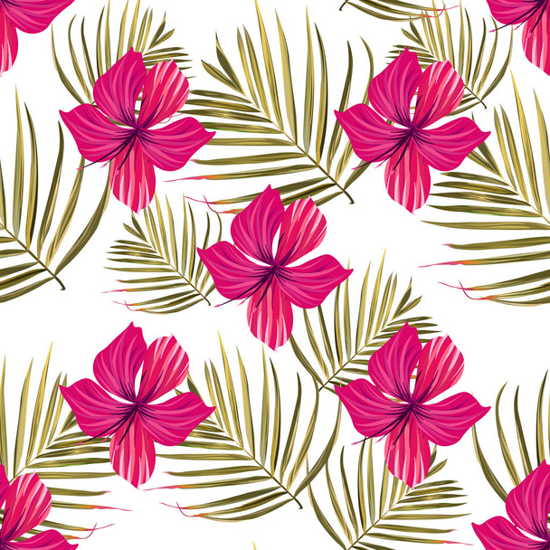 Hibiscus pattern. Tropic palm leaf. Seamless background - Wektor, obraz