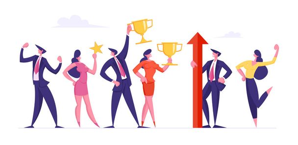 Successful Business Team Male and Female Characters in Formal Wear Stand in Raw Posing with Winners Trophies Celebrating Victory Successful Project. Teamwork Concept. Cartoon Flat Vector Illustration - Vector, Image