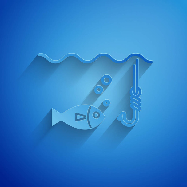 Paper cut Fishing hook under water with fish icon isolated on blue background. Fishing tackle. Paper art style. Vector Illustration - Vector, Image
