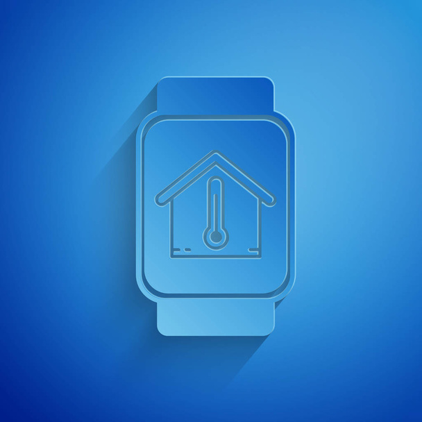 Kağıt mavi arka plan üzerinde izole ev sıcaklığı simgesi ile Akıllı saat kesti. Termometre simgesi. Kağıt sanat tarzı. Vektör İllüstrasyonu - Vektör, Görsel