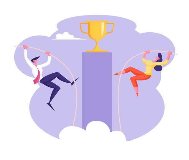 Zakelijke competitie met mannelijke en vrouwelijke zakenman personages Pole springen naar boven met gouden Goblet. Doel verwezenlijking, succes uitdaging en leiderschaps concept. Cartoon platte vector illustratie - Vector, afbeelding