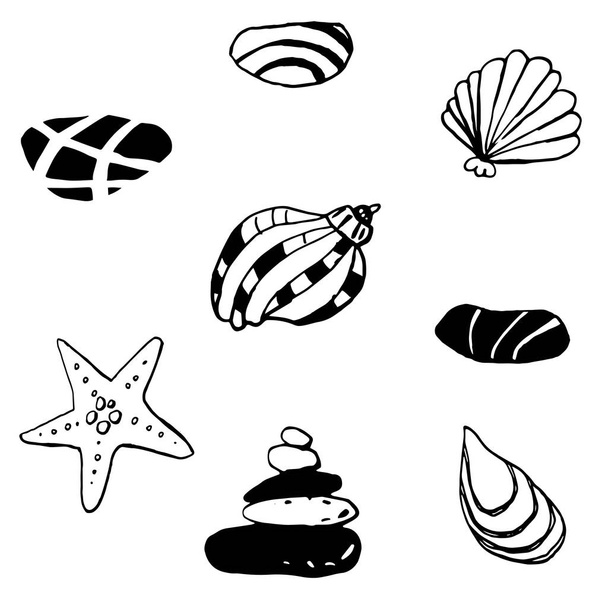 Collection of sea marine ink doodles on white backdrop. Seamless pattern. Endless texture. Can be used for printed materials. Vacation holiday background. Hand drawn design elements. Festive print.  - Vektor, Bild