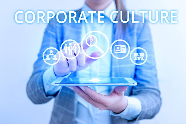 Conceptual hand writing showing Corporate Culture. Business photo text pervasive values and attitudes that characterize a company Lady front presenting hand blue glow futuristic modern technology. - Photo, Image