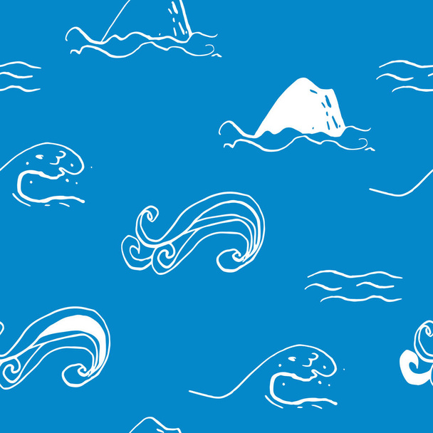 Collectie van zee mariene inkt doodles op blauwe achtergrond. Naadloos patroon. Eindeloze textuur. Kan worden gebruikt voorgedrukt materiaal. Vakantie vakantie achtergrond. Hand getekende ontwerpelementen. Feestelijke print.  - Vector, afbeelding