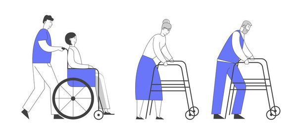 Concepto de discapacidad. Man Pushing Young Disabled Girl Sentado en silla de ruedas. Hombre y mujer mayores moviéndose con la ayuda de caminante de ruedas delanteras o caminando marco de dibujos animados plana Vector ilustración, línea de arte
 - Vector, Imagen
