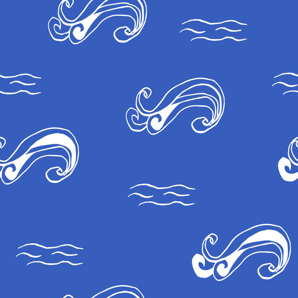 青を背景にした海の海洋インク落書きのコレクション。シームレスなパターン。無限のテクスチャ。印刷物に使用できます。休暇の背景。手描きのデザイン要素。お祝いのプリント.  - ベクター画像
