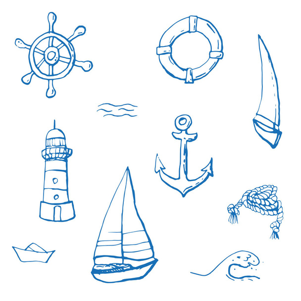 Collection of sea marine ink doodles on white backdrop. Seamless pattern. Endless texture. Can be used for printed materials. Vacation holiday background. Hand drawn design elements. Festive print.  - Vektor, Bild