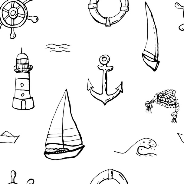 Collection of sea marine ink doodles on white backdrop. Seamless pattern. Endless texture. Can be used for printed materials. Vacation holiday background. Hand drawn design elements. Festive print.  - ベクター画像
