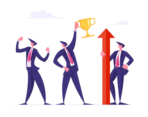 Successful Businessmen Celebrate Victory Posing with Huge Red Arrow and Golden Goblet, Demonstrate Muscles. Corporate Competition Challenge, Goal Achievement Success. Cartoon Flat Vector Illustration - Vector, Image