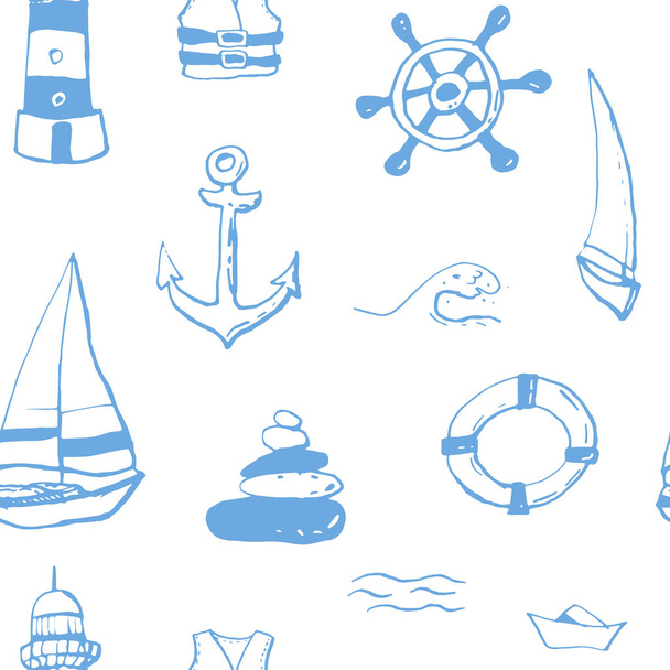Collection of sea marine ink doodles on blue backdrop. Seamless pattern. Endless texture. Can be used for printed materials. Vacation holiday background. Hand drawn design elements. Festive print.  - Вектор,изображение