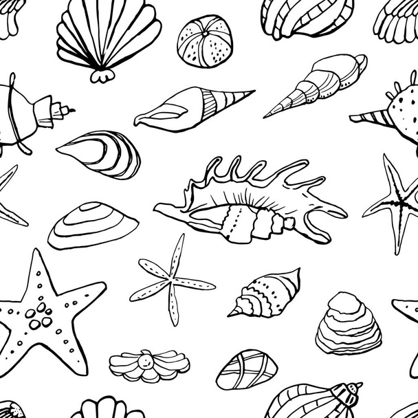 Collection of sea shell ink doodles on white backdrop. Seamless pattern. Endless texture. Can be used for printed materials. Underwater holiday background. Hand drawn design elements. Festive print. - Вектор,изображение