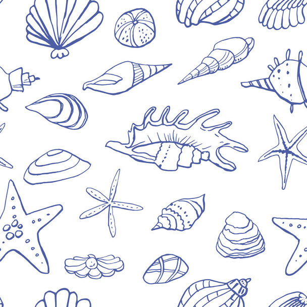 Gyűjtemény a tengeri kagyló tintával Doodles fehér háttérben. Folytonos mintázat. Végtelen textúra. Nyomtatott anyagokhoz használható. Víz alatti ünnep háttér. Kézzel rajzolt design elemek. Ünnepi nyomat. - Vektor, kép
