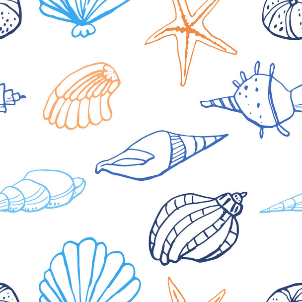 Collection of sea shell ink doodles on white backdrop. Seamless pattern. Endless texture. Can be used for printed materials. Underwater holiday background. Hand drawn design elements. Festive print. - Vektori, kuva