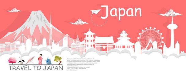 Panorama tarjeta postal de viaje, tour de publicidad mundialmente famosos monumentos de Japón, estilo de corte de papel - Ilustración vectorial
. - Vector, Imagen
