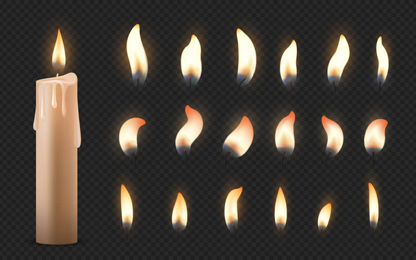 Realistische Kerzen. 3D brennende Festwachskerzen mit verschiedenen kleinen glühenden Flammen. Vektor-Geburtstagsparty, Kerzen aufgestellt - Vektor, Bild