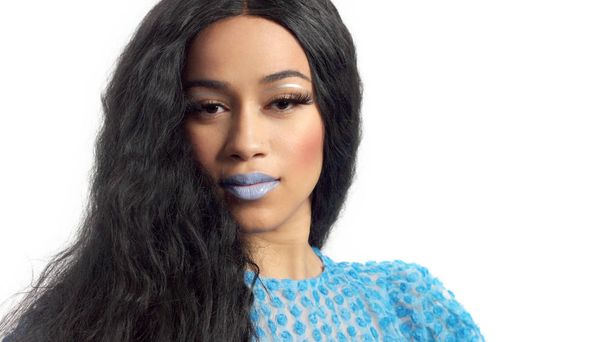 Beauty mixed race Afro-Amerikaanse model in studioportretten met lange brunette haar pruik - Foto, afbeelding