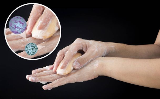 Πλύνετε το χέρι σκόνη καθαρισμού και βακτήρια - Φωτογραφία, εικόνα