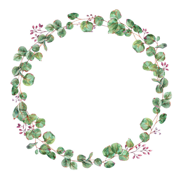 Frame redondo do eucalipto de florescência da aguarela, INVI natural do casamento - Foto, Imagem