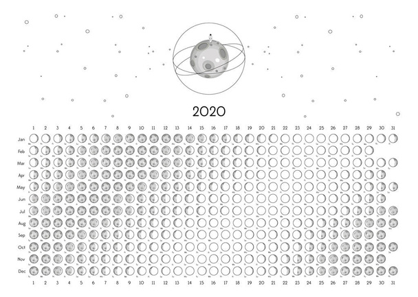 Maankalender 2020 noordelijk halfrond wit - Vector, afbeelding