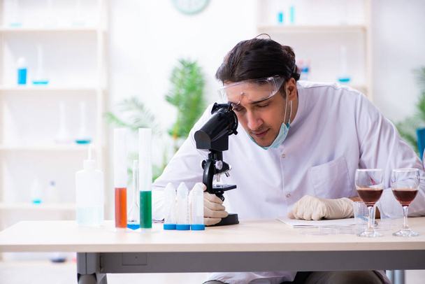 Químico masculino examinando muestras de vino en el laboratorio - Foto, imagen
