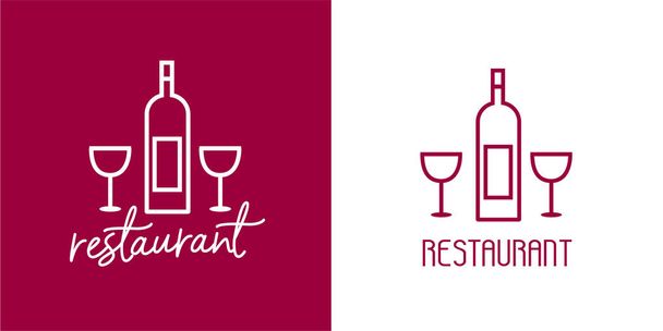 Logo moderní elegantní restaurace. Bílý a fialově červený vektor izolované symboly. Text s lahví na víno a sklenicemi - Vektor, obrázek