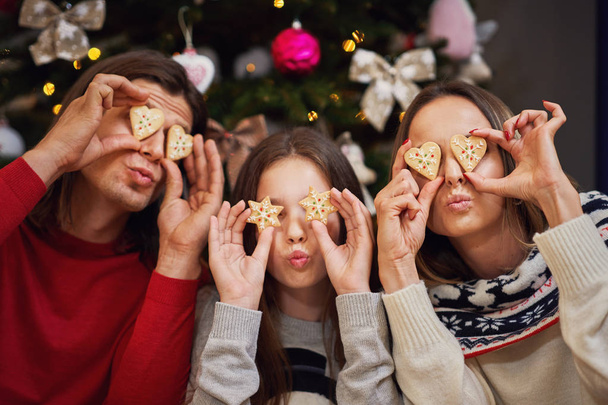 Beautiful family celebrating Christmas at home - 写真・画像