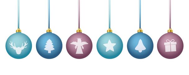 blue and purpe colored christmas balls with different motives - Vector, Image