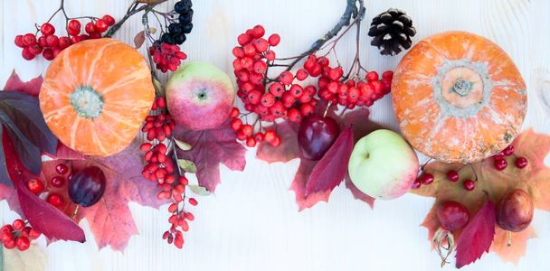 カエデの葉、リンゴやカボチャ、マウントと秋の背景 - 写真・画像