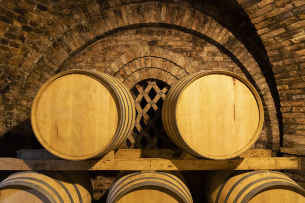 wine barrels in the cellar, Szekszard, Hungary - Photo, Image