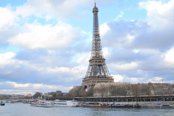 Beautiful sky over the Eiffel tower and river seine, Paris capital and the most populous city of France - Zdjęcie, obraz