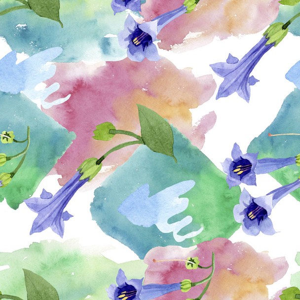 Blue brugmansia floral botanical flowers. Watercolor background illustration set. Seamless background pattern. - Fotó, kép