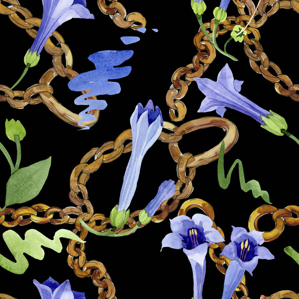 Blue brugmansia floral botanical flowers. Watercolor background illustration set. Seamless background pattern. - Фото, изображение