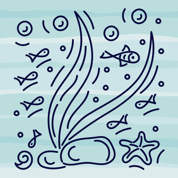 Illustration de dessin à la main Doodle. Monde sous-marin, Mer, océan, rivière, plantes et poissons sur fond de vagues bleues. Graphisme noir et blanc
. - Vecteur, image