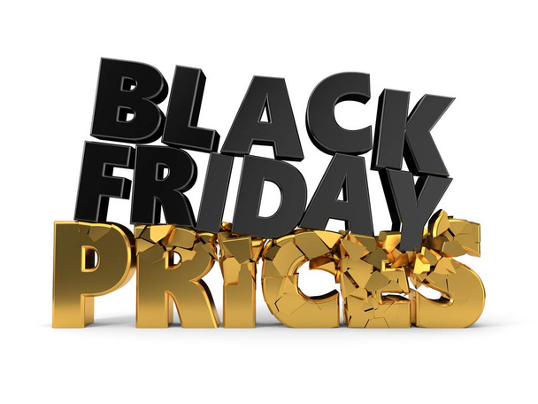 Černý pátek poruší ceny. černým a zlatým textem. 3D ilustrace - Fotografie, Obrázek