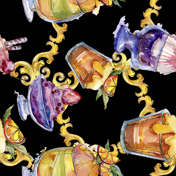 Tasty ice cream in a watercolor style. Aquarelle sweet dessert illustration set. Seamless background pattern. - Photo, image