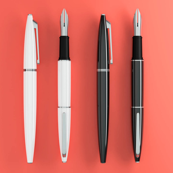 3d illustration render of white and black fountain pens mockup o - Photo, Image