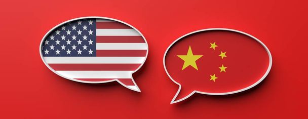  中国とアメリカの旗のスピーチは赤い背景に対して泡立つ。3Dイラスト - 写真・画像