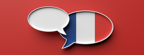 Франція прапор Talk повітряна куля і порожній виступ міхур на червоному, банер. 3D ілюстрація - Фото, зображення