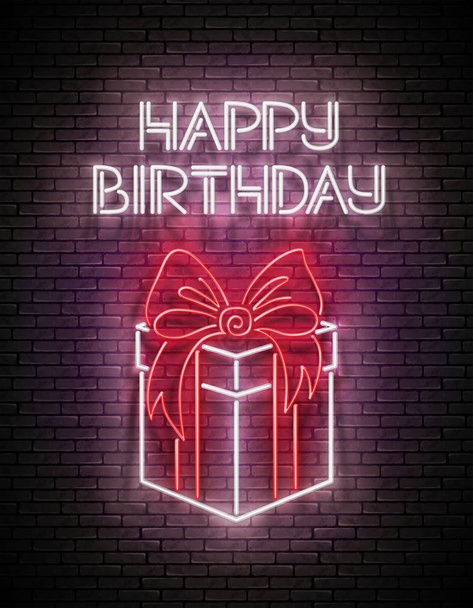 Vintage Glow Greeting Card with Gift and Happy Birthday Inscription on Brick Wall background. Neon Lettering. Vector 3d Illustration. - Vector, afbeelding