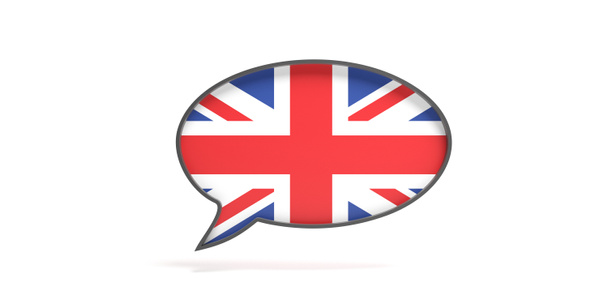 Balão de conversa bandeira do Reino Unido isolado em branco. Conceito de língua inglesa. ilustração 3d
 - Foto, Imagem