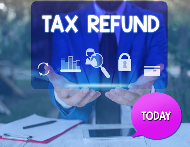 Text sign showing Tax Refund. Conceptual photo refund on tax when the tax liability is less than the tax paid man icons smartphone speech bubble office supplies technological device. - Photo, Image